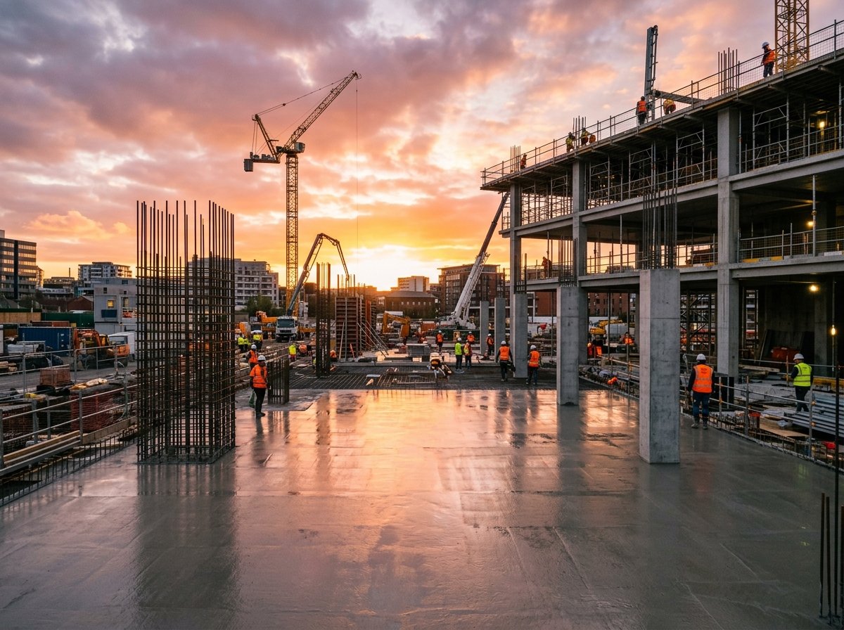 Commercial concrete foundation slab and structural framing at sunset