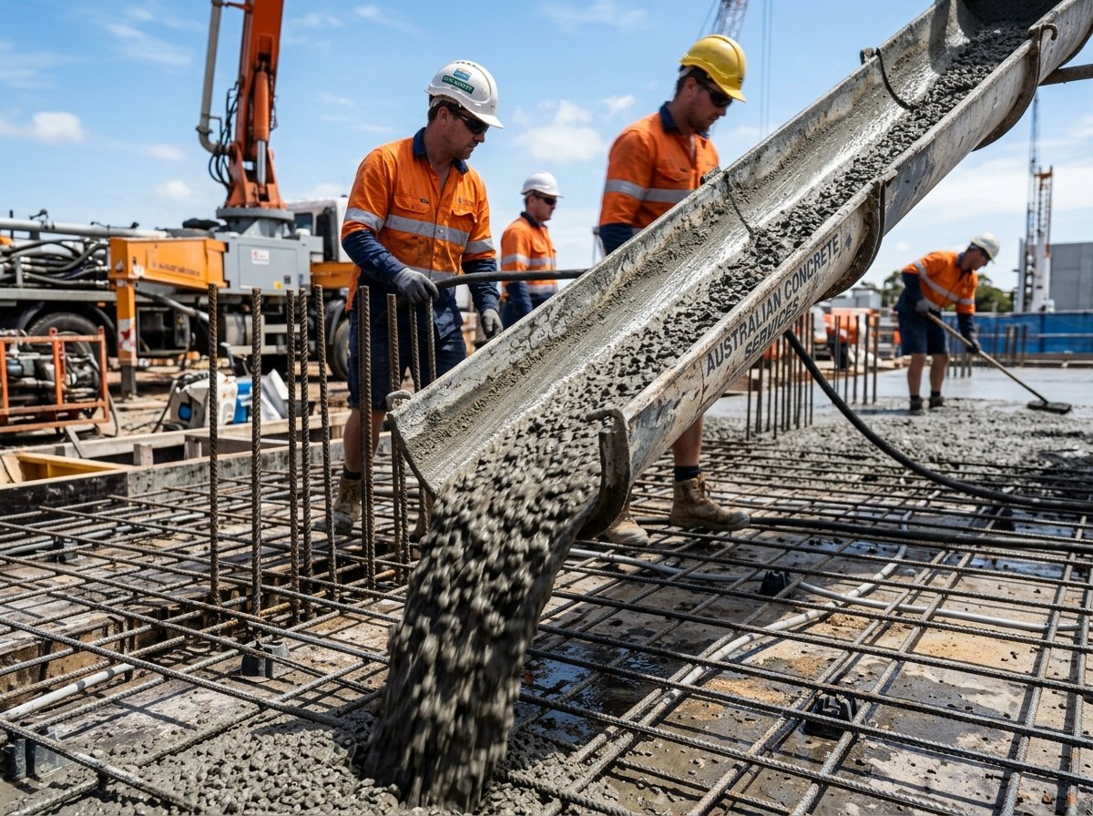 Concrete pour with pump chute and crew
