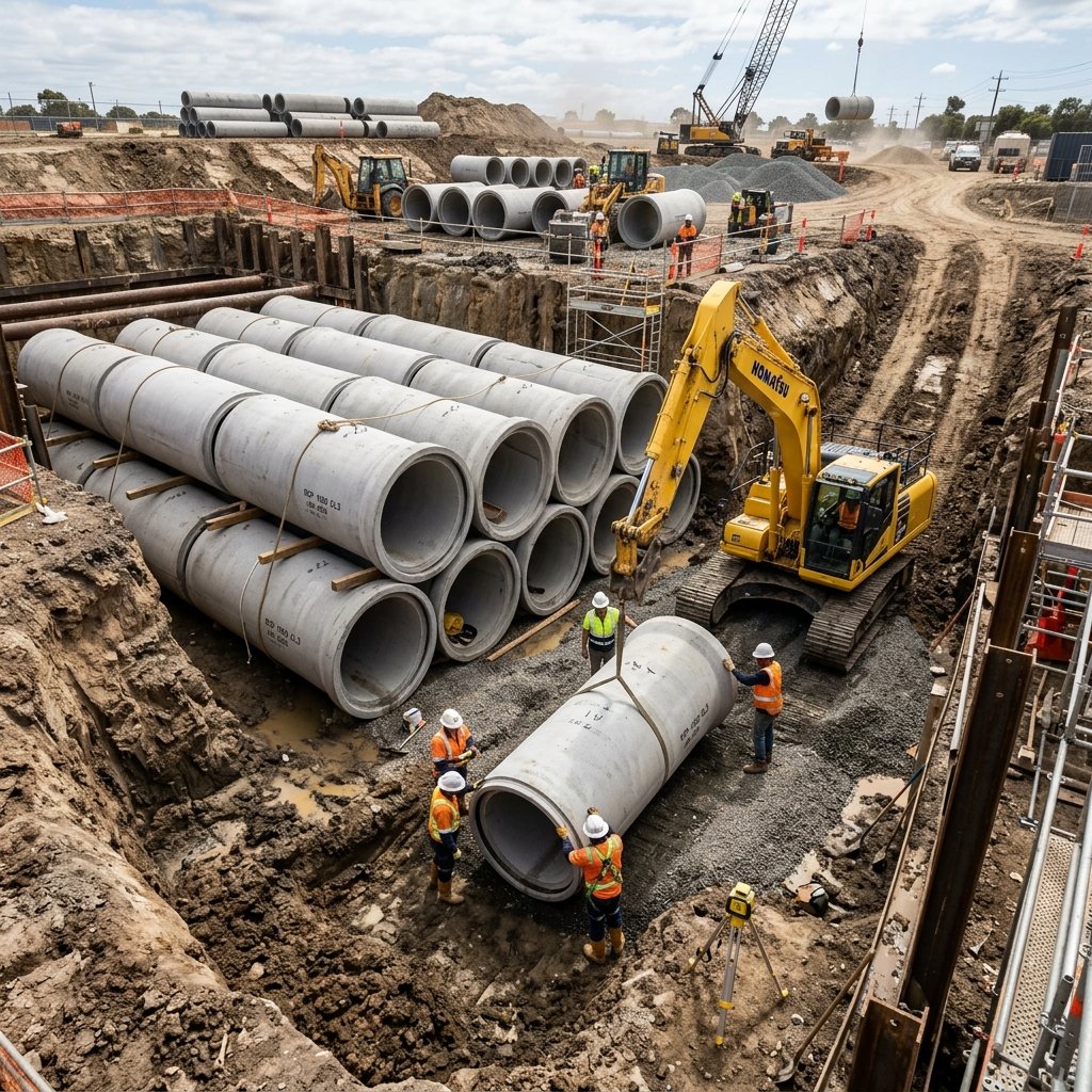 Stormwater concrete pipes in trench